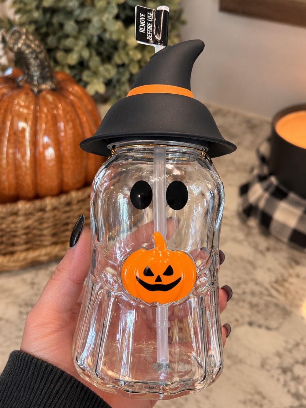 . TJ MAXX Viral Ghost With Witch Hat & Pumpkin Clear Glass Tumbler Cup Size 20oz